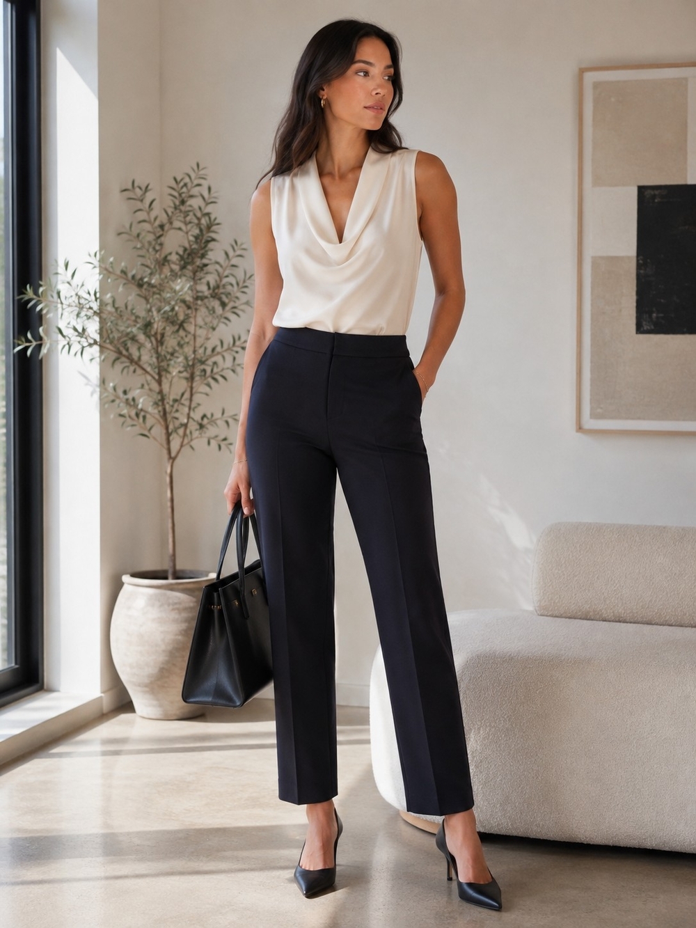 Sleek High-Rise Black Straight-Leg Pants - Women